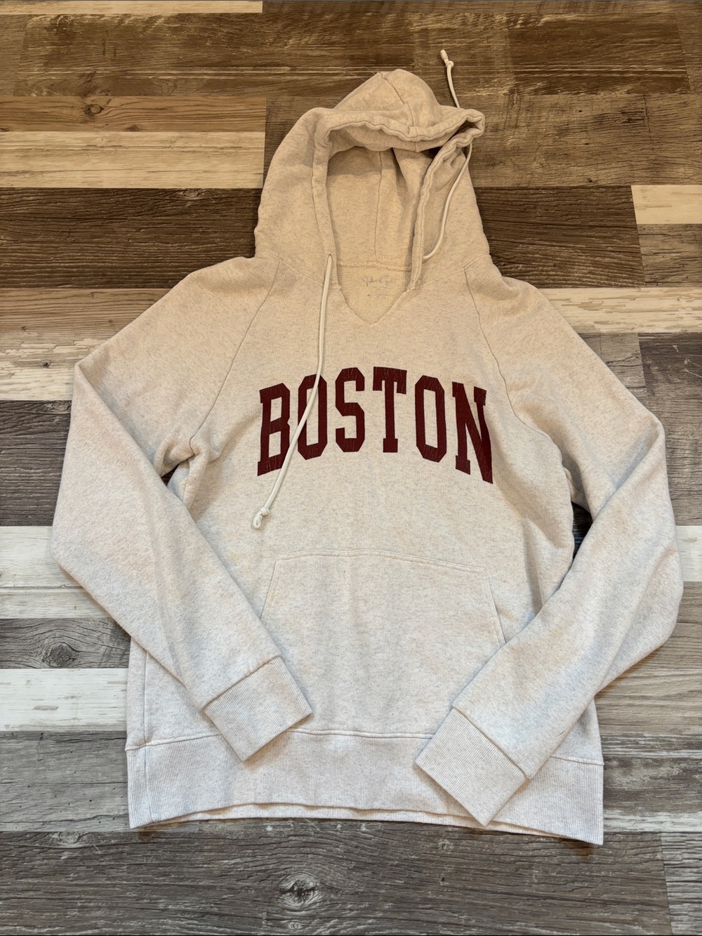 John Galt by Brandy Melville Oatmeal Hoodie with Burgundy BOSTON Arch